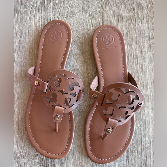 Tory Burch Miller Thong Sandals Slides Vintage Vachetta Tan Brown Leather W 10.5 - Picture 2 of 16